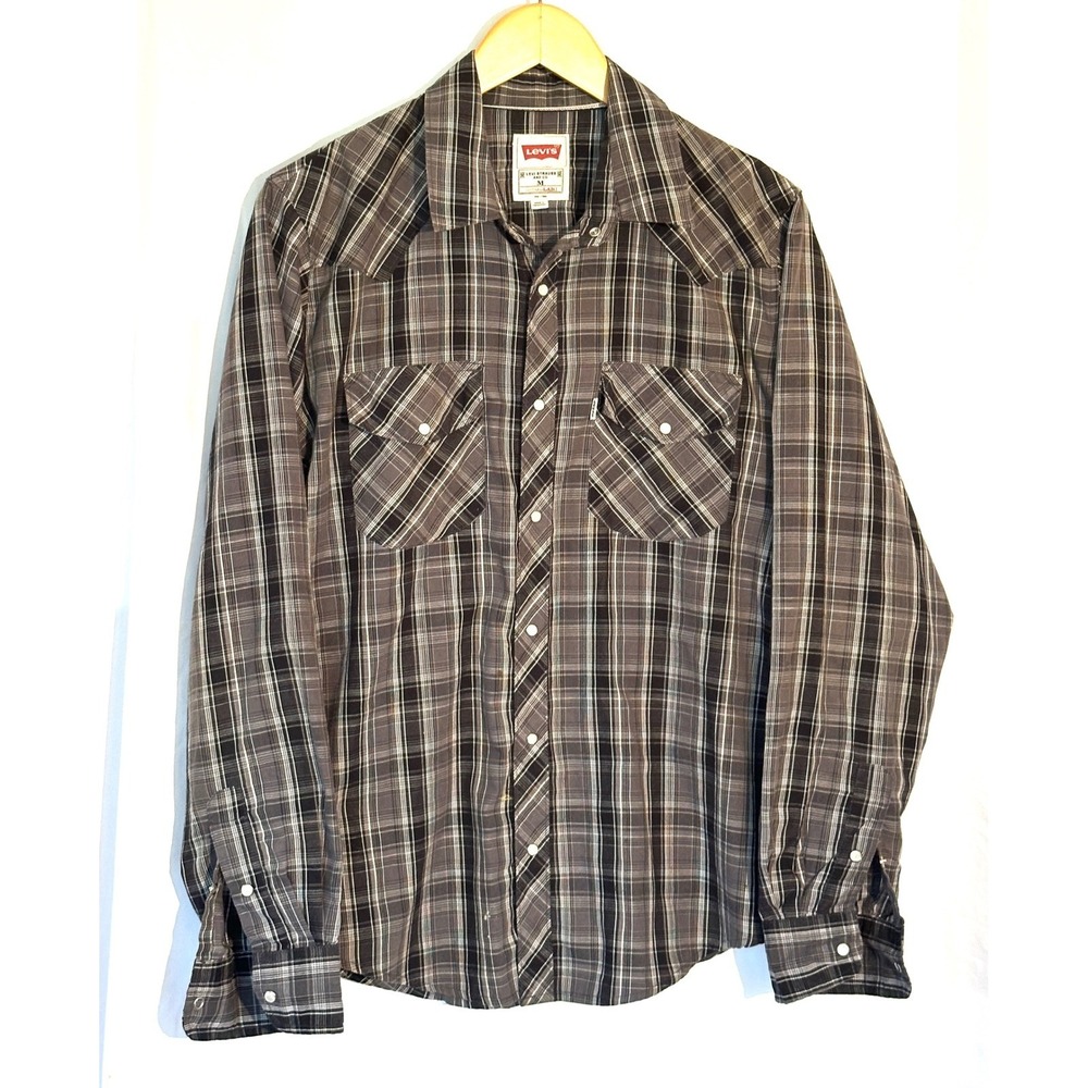 Levis‎ Mens Red Tab Western Pearl Snap Shirt Plaid Black Grey White Medium